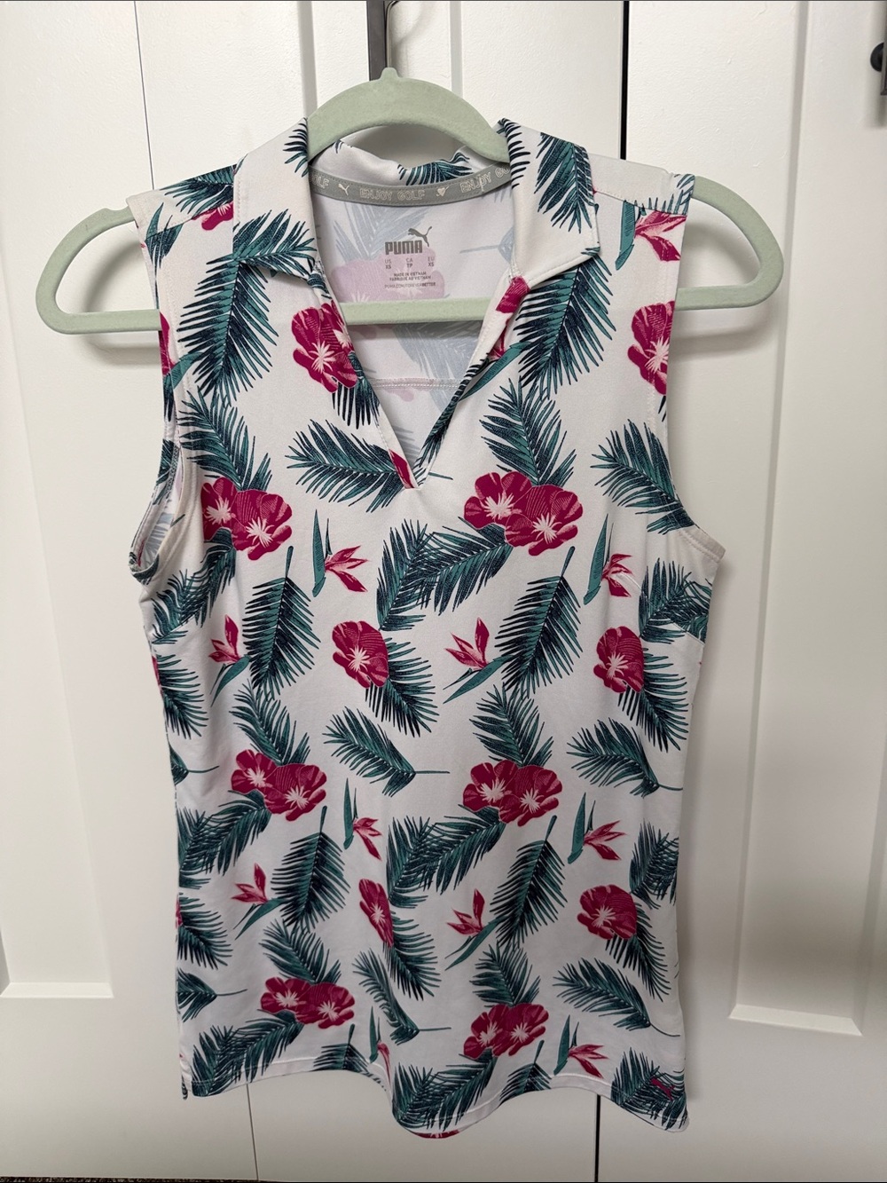 Puma White Sleeveless Polo with Pink Floral & Teal Palm Prints
